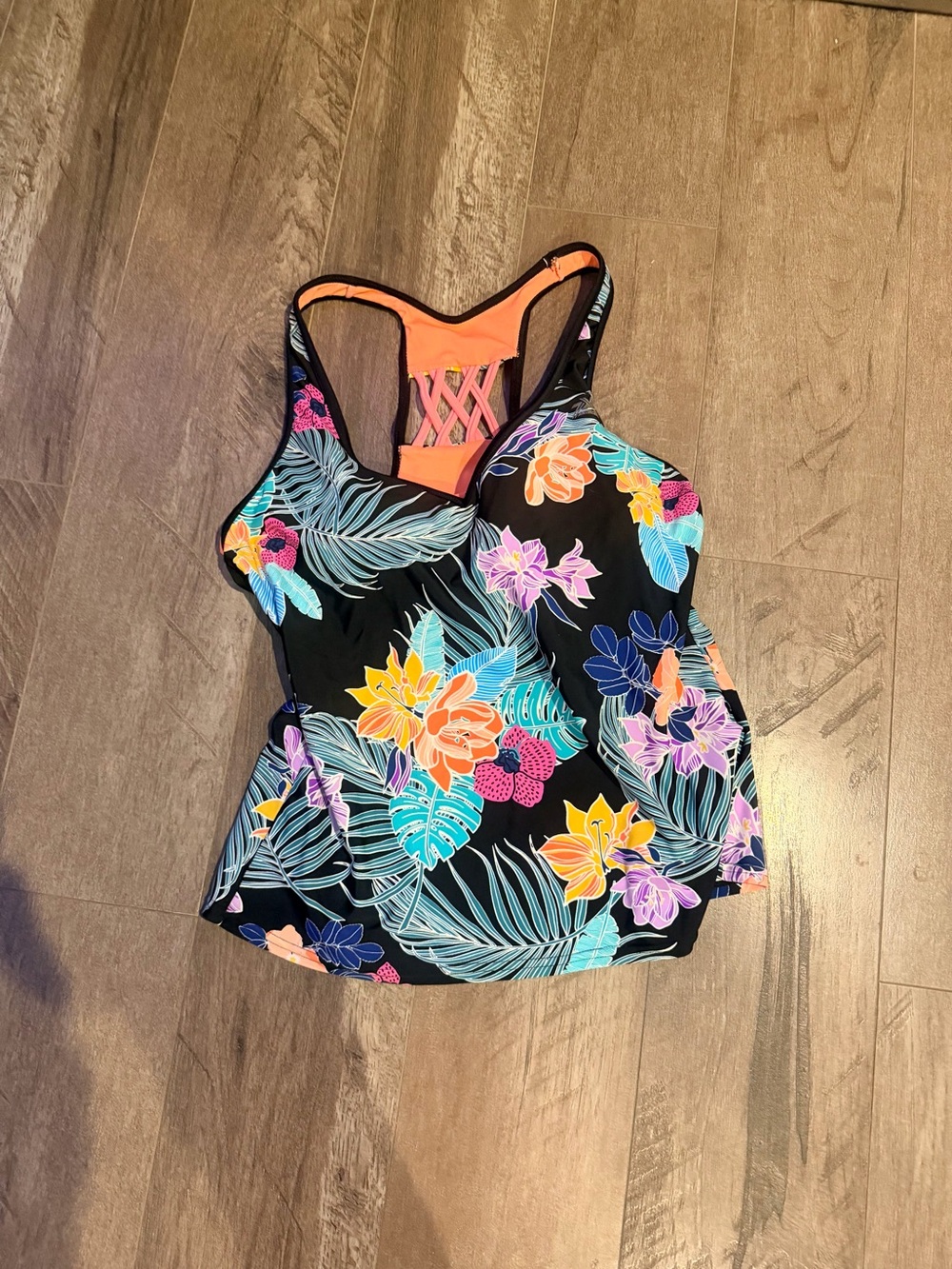 Floral Black Tropical Tankini Top with Coral Accents